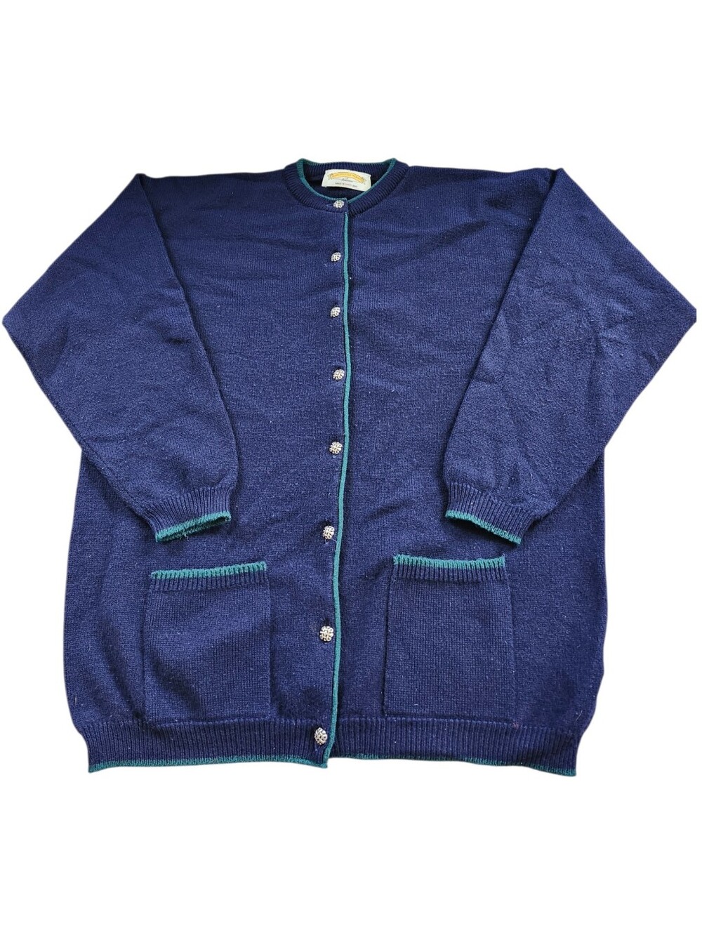 VTG James Pringle Weavers Scotland Lambswool Cardigan Sweater Navy Green L XL